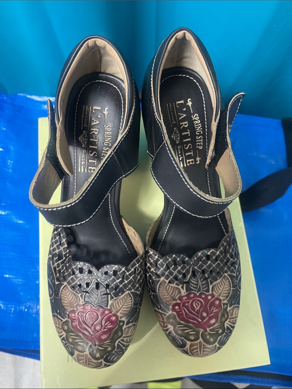 L'Artiste by Spring Step Black Floral Embossed Heels with Red Rose Accent